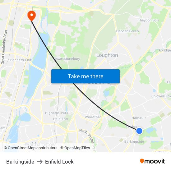 Barkingside to Enfield Lock map