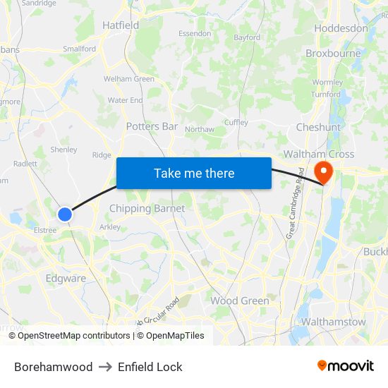 Borehamwood to Enfield Lock map