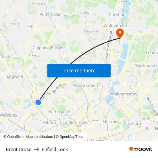 Brent Cross to Enfield Lock map