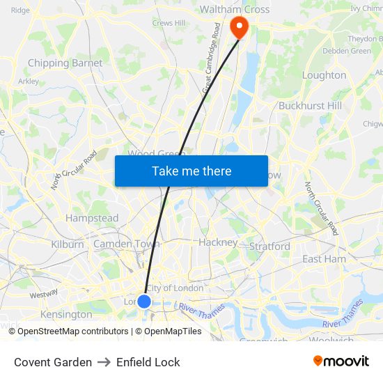 Covent Garden to Enfield Lock map