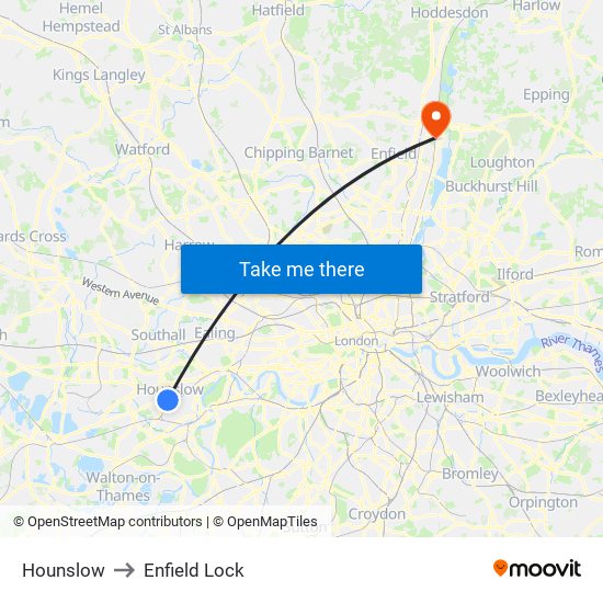 Hounslow to Enfield Lock map