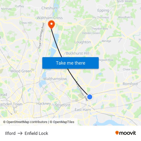 Ilford to Enfield Lock map