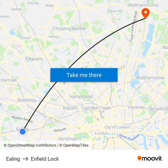 Ealing to Enfield Lock map