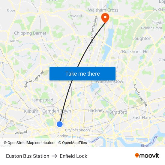 Euston Bus Station to Enfield Lock map