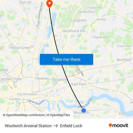 Woolwich Arsenal Station to Enfield Lock map