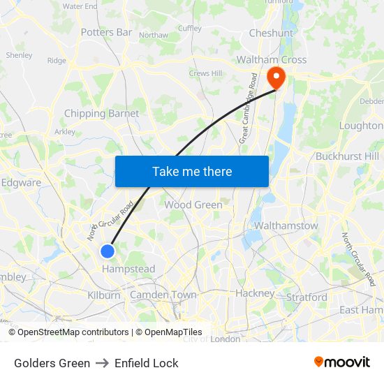 Golders Green to Enfield Lock map