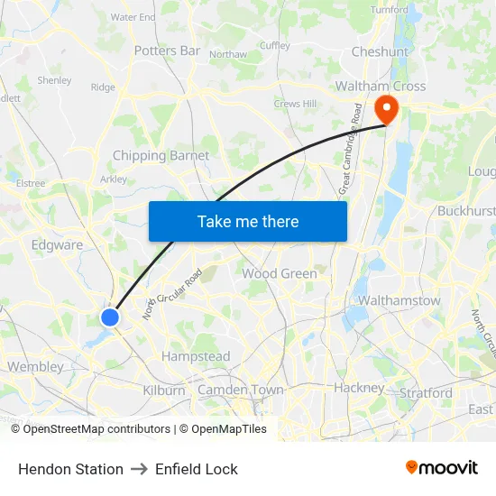 Hendon Station to Enfield Lock map