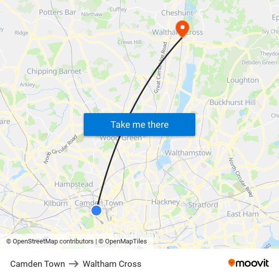 Camden Town to Waltham Cross map