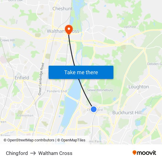 Chingford to Waltham Cross map