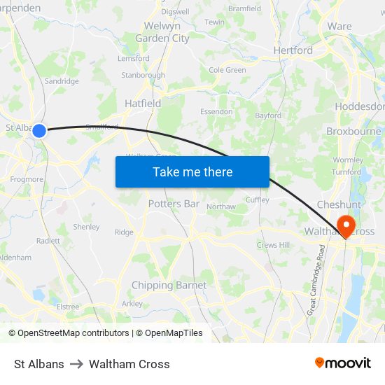 St Albans to Waltham Cross map