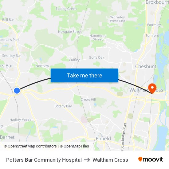 Potters Bar Community Hospital to Waltham Cross map