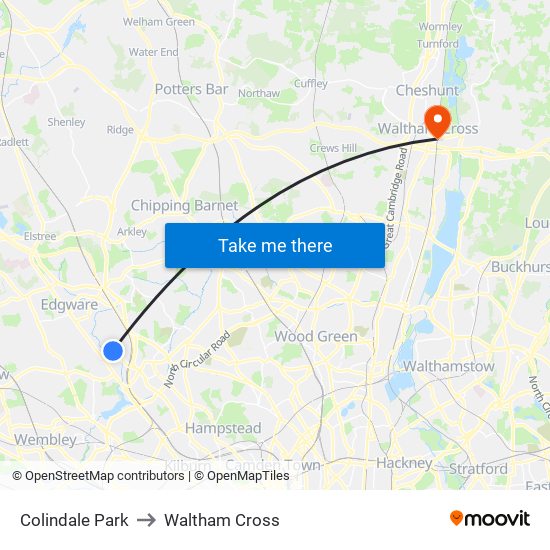 Colindale Park to Waltham Cross map