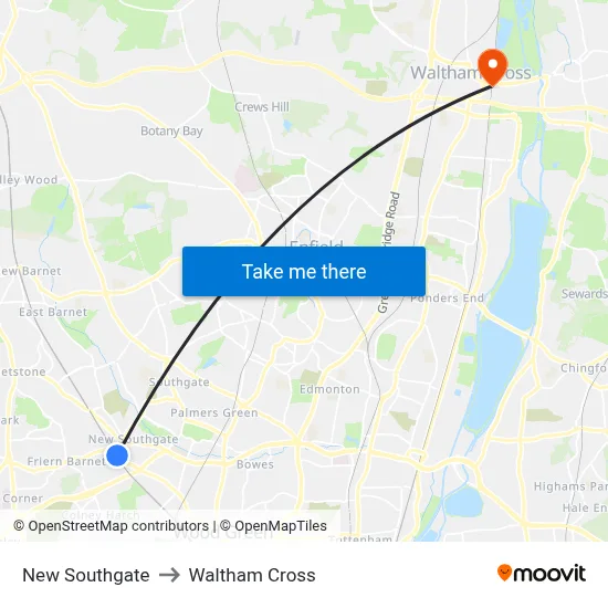 New Southgate to Waltham Cross map