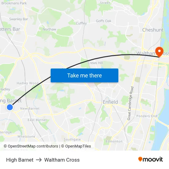 High Barnet to Waltham Cross map