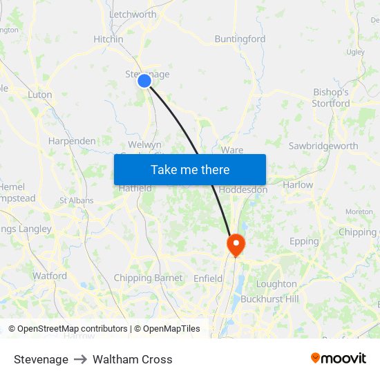 Stevenage to Waltham Cross map