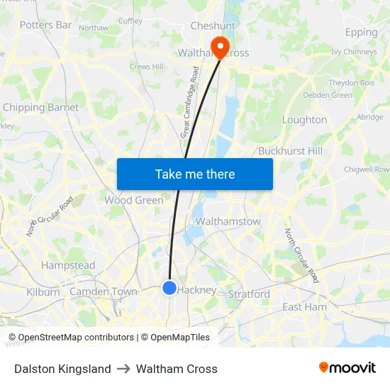 Dalston Kingsland to Waltham Cross map