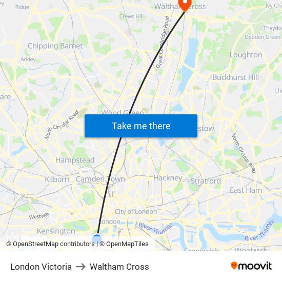 London Victoria to Waltham Cross map
