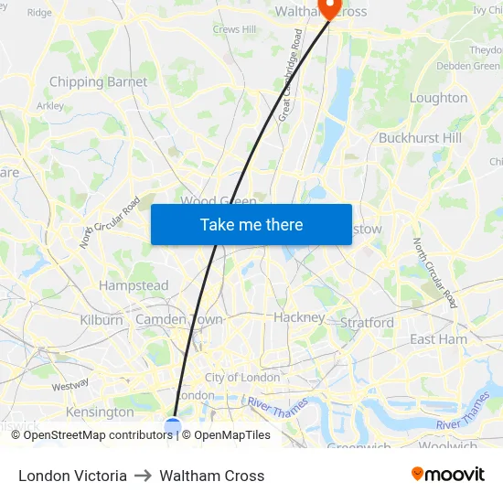 London Victoria to Waltham Cross map