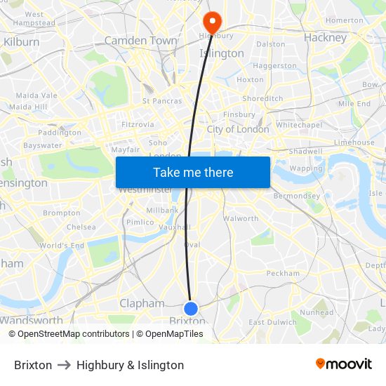 Brixton to Highbury & Islington map