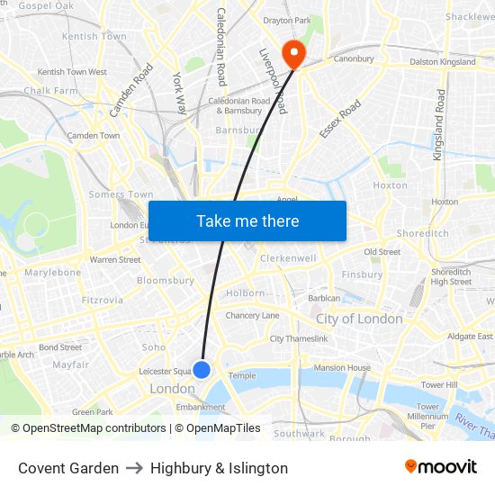 Covent Garden to Highbury & Islington map