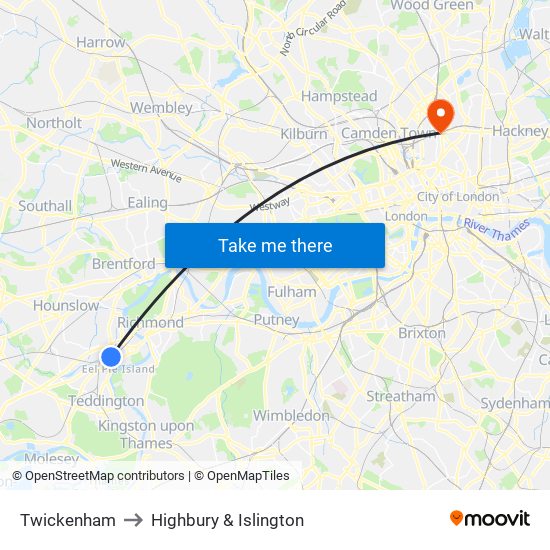 Twickenham to Highbury & Islington map
