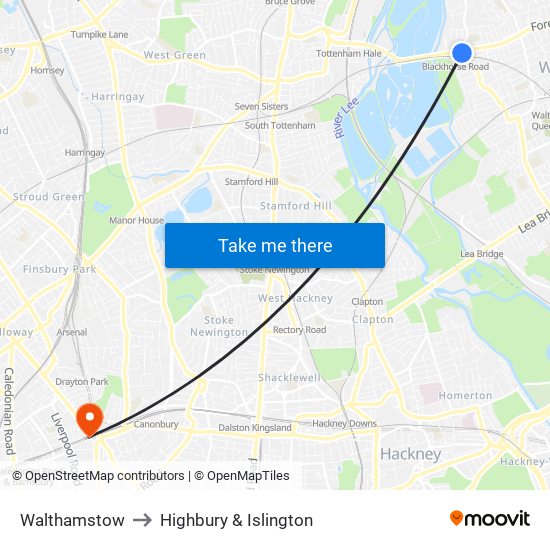 Walthamstow to Highbury & Islington map