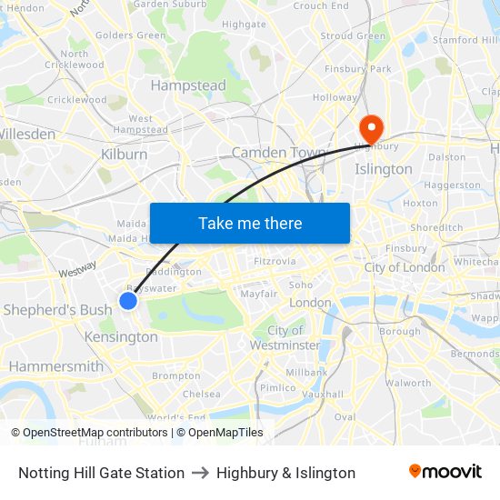 Notting Hill Gate Station to Highbury & Islington map