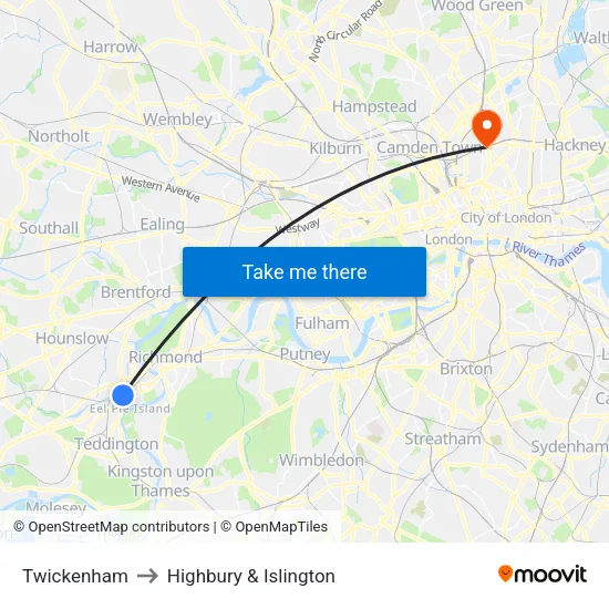 Twickenham to Highbury & Islington map