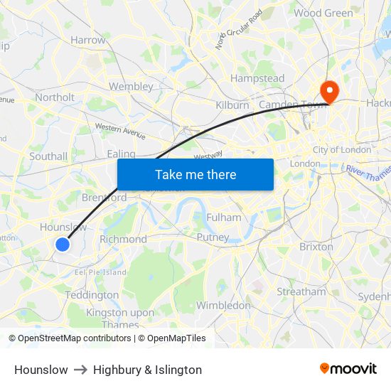 Hounslow to Highbury & Islington map