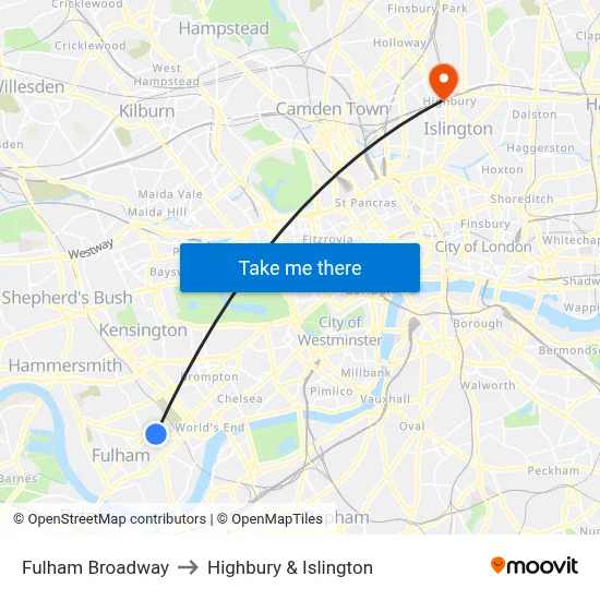 Fulham Broadway to Highbury & Islington map