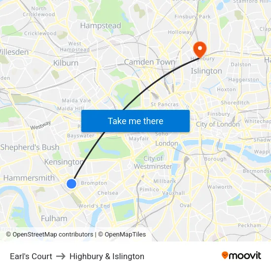 Earl's Court to Highbury & Islington map