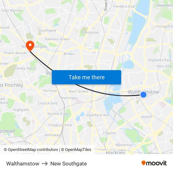 Walthamstow to New Southgate map