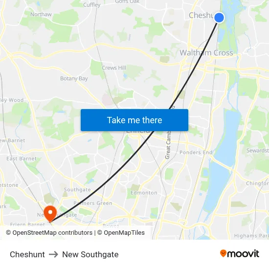 Cheshunt to New Southgate map