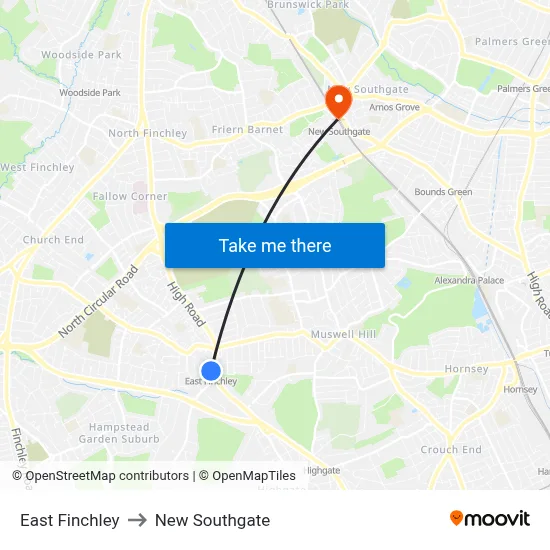 East Finchley to New Southgate map