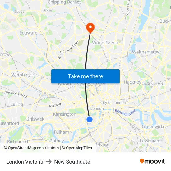 London Victoria to New Southgate map