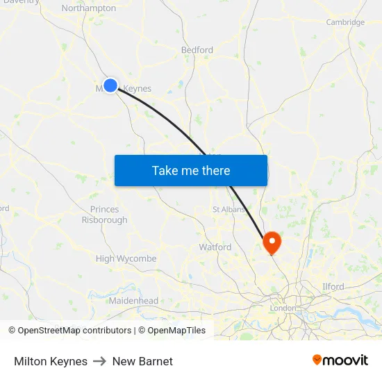 Milton Keynes to New Barnet map