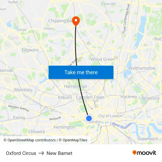 Oxford Circus to New Barnet map