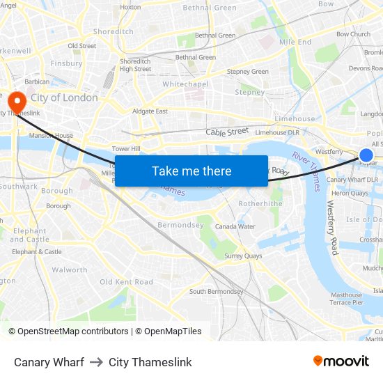 Canary Wharf to City Thameslink map