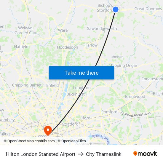 Hilton London Stansted Airport to City Thameslink map