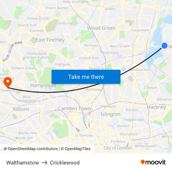 Walthamstow to Cricklewood map