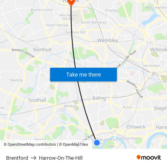 Brentford to Harrow-On-The-Hill map