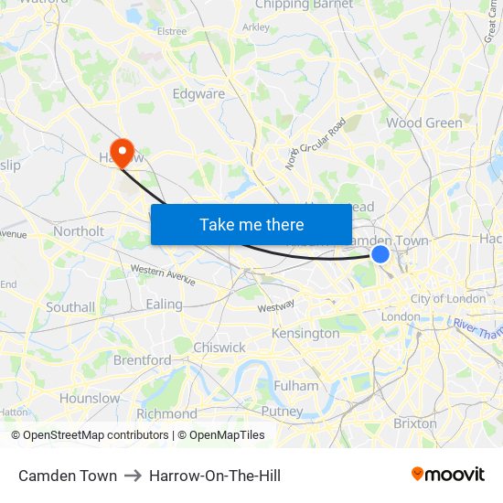 Camden Town to Harrow-On-The-Hill map