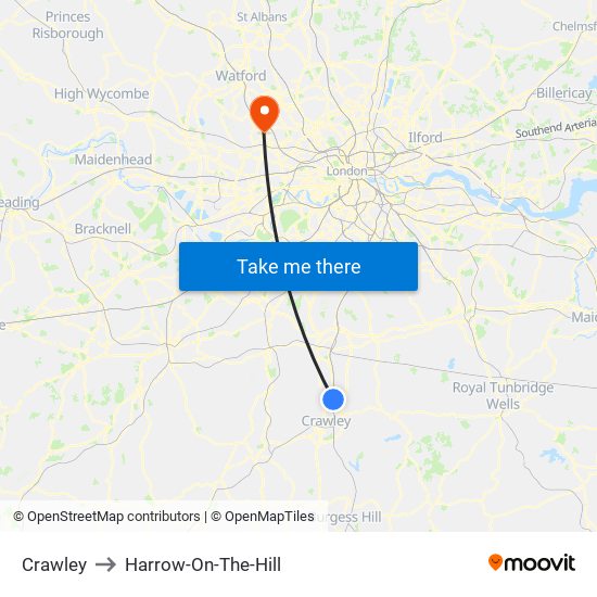 Crawley to Harrow-On-The-Hill map