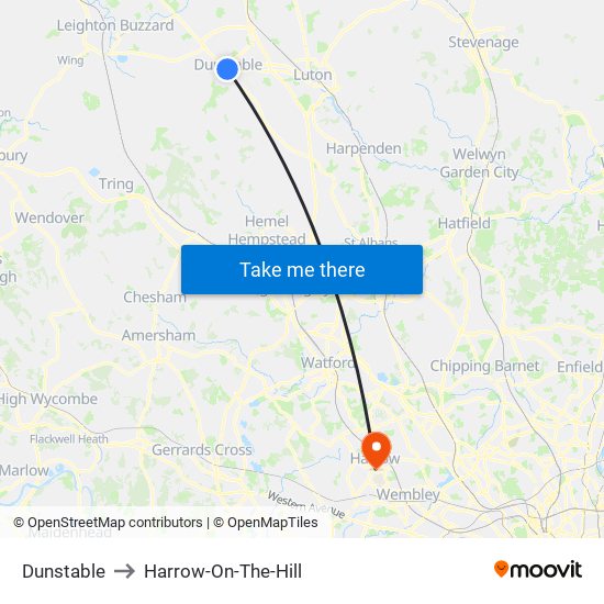 Dunstable to Harrow-On-The-Hill map