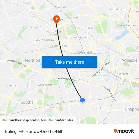 Ealing to Harrow-On-The-Hill map