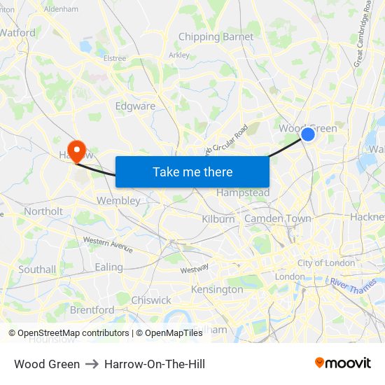 Wood Green to Harrow-On-The-Hill map