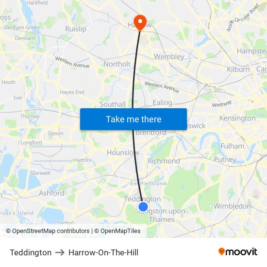 Teddington to Harrow-On-The-Hill map