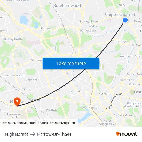 High Barnet to Harrow-On-The-Hill map