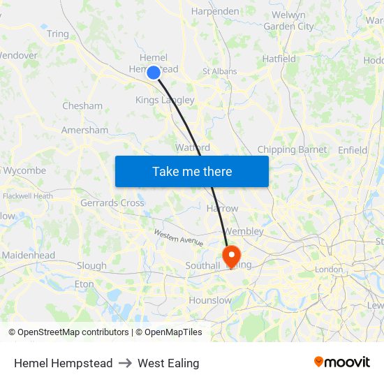 Hemel Hempstead to West Ealing map