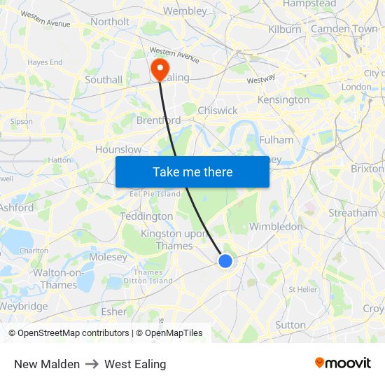 New Malden to West Ealing map